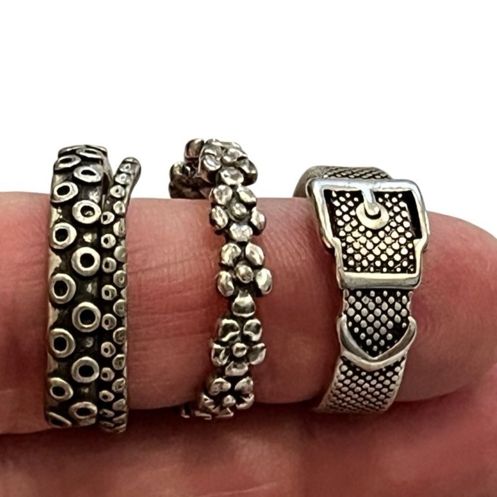 Bundle of 3 Silver Tone Statement Rings – Size 10 – Adjustable & Unique Textures